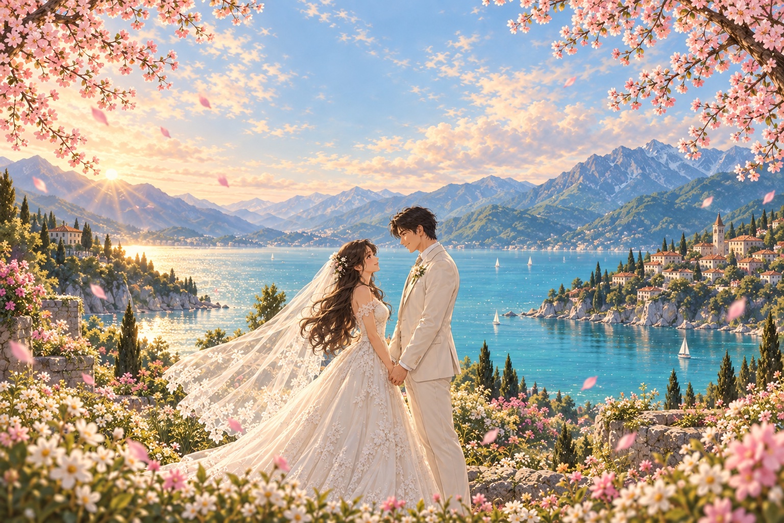 An illustrated wedding couple by a turquoise lake, framed by cherry blossoms and distant mountains.