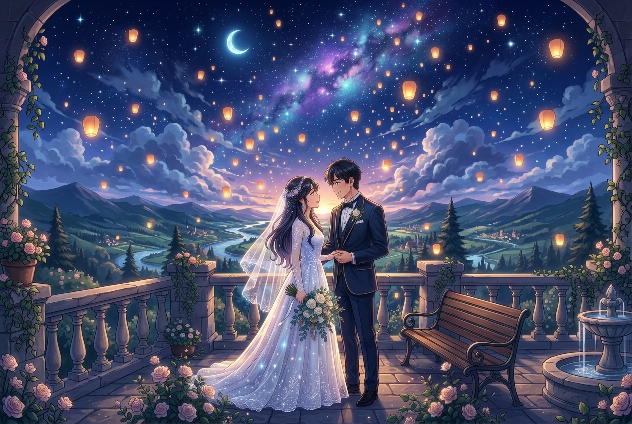 An illustrated anime wedding couple beside a stone fountain overlooking a twilight river valley under a starry celestial sky.